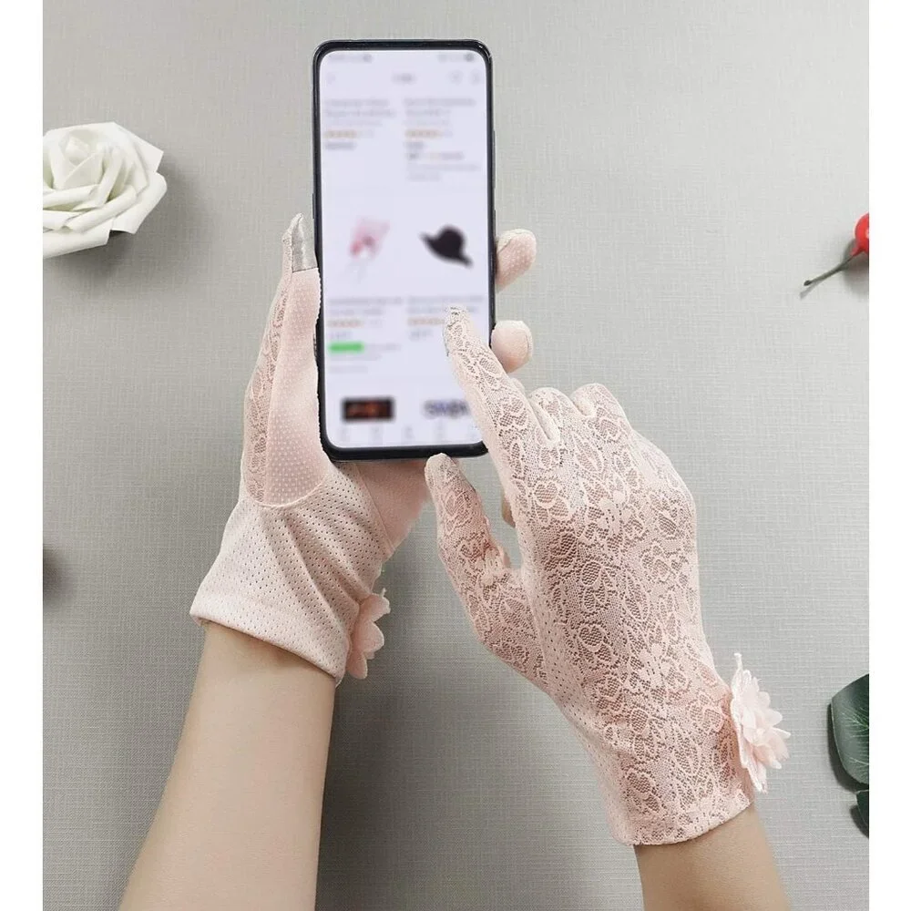 Women's Flower Pink Floral Embroider Lace Gloves Summer Sun Protection
